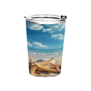 Imagem de Blueangle Copo de 340 g com tampa e canudo, copo de café com água isolada a vácuo de aço inoxidável, linda caneca de viagem de praia tropical, copo térmico para bebidas quentes e frias (150)