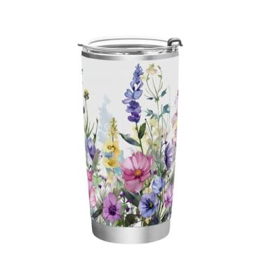 Imagem de Blueangle Copo de 590 ml com tampa e canudo, copo de café com água isolada a vácuo de aço inoxidável, caneca de viagem de jardim de verão em aquarela copo térmico para bebidas quentes e frias (932)