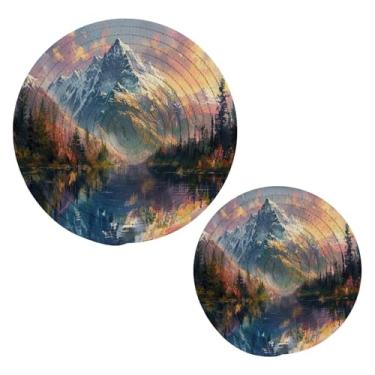 Imagem de Blueangle 2 peças de suporte de panela de paisagem de montanha - conjunto de pegadores de panela de tecido redondo - almofadas quentes trançadas de algodão - porta-copos - tapetes de mesa para