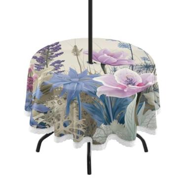 Imagem de ATTX Toalha de mesa redonda com flores em aquarela ao ar livre – 152 cm, impermeável, à prova de derramamento, uso interno/externo, com orifício para guarda-chuva com zíper para acampamento