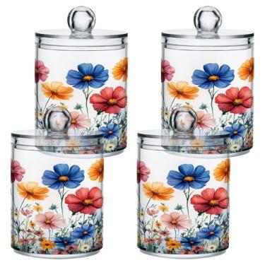Imagem de ATTX Dispensador de suporte Qtip de flores silvestres em aquarela para bola de algodão, cotonete, frasco de boticário transparente, decoração de casa, pote de armazenamento de cozinha, pacote com 4