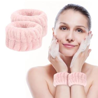 Imagem de 2 pulseiras de microfibra macia para lavar o rosto, elásticos absorventes de toalha, evitar derramamentos de líquidos, acessórios reutilizáveis de lavagem facial para mulheres (rosa)