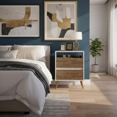 Imagem de mesa de cabeceira criado mudo pés em madeira off White jequitibá retro 2 gavetas decorativa lotus luxo