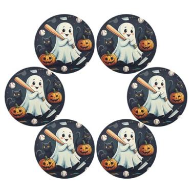 Imagem de Wassud Jogo americano conjunto de 6 tapetes redondos de taco de beisebol fantasma para cozinha e jantar tapetes laváveis resistentes ao calor para decoração de mesa 39 cm