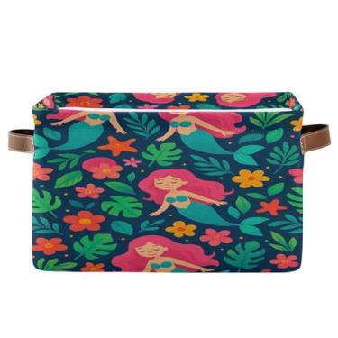 Imagem de Wassud Linda cesta de armazenamento de sereias para organizar caixote de armazenamento decorativo dobrável aberto para casa com alça de tecido de lona armário armário quarto 2 unidades