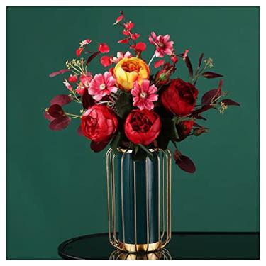 Imagem de Flores artificiais em vaso, arranjos de flores de rosa de seda, buquês de flores falsas com vaso para decoração de mesa de sala de estar, flores falsas