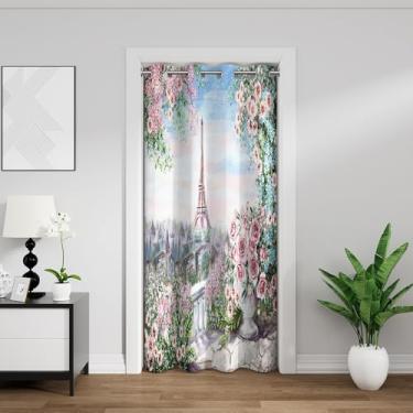 Imagem de Leyiyi Cortinas de porta da Torre Eiffel de Paris para privacidade tema francês florescendo rosa floral pintura a óleo cenário cortina de porta romântica dia dos namorados capa de cortina divisória de