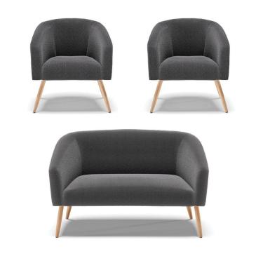 Imagem de Kit 1 Sofá Namoradeira E 2 Poltronas Stella Bouclê Grafite Pés Palito Natural - D'rossi