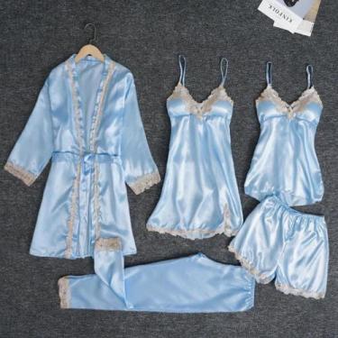 Imagem de Conjunto De Pijamas De Luxo Feminino Em Cetim 5 Peças Com Renda, Robe,