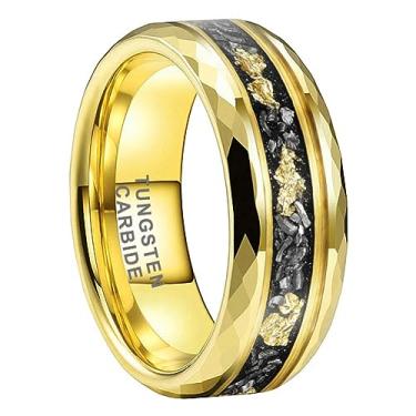 Imagem de TUTISS Anéis de tungstênio prata/preto/dourado de 8 mm para homens e mulheres com chip de meteorito incrustado em folha de ouro, compromisso, noivado, aliança de casamento, bordas facetadas, ajuste confortável polido, Metal não precioso, Sem pedra preciosa