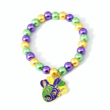 Imagem de BOOZIQ Pulseiras femininas de carnaval com contas de flor de lis pulseira com pingente de coroa roxo amarelo verde contas pulseira elástica carnaval desfile roupas acessórios de joias carnaval, Large