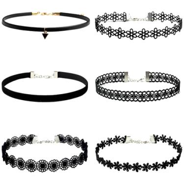 Imagem de Tienyuu Conjunto de 6 gargantilhas de veludo preto – estilo gótico clássico, tatuagem, renda e vintage Lolita – colares versáteis para mulheres, presente ideal para todas as ocasiões