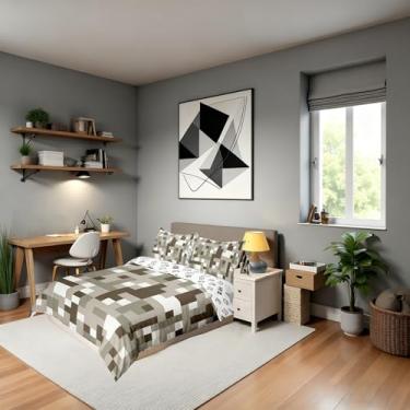 Imagem de Conjunto de capa de edredom infantil Miner Pixel Checked, tamanho Queen, gamepad de desenho animado videogame, meninas e meninos, decoração de quarto de patchwork de grade geométrica, capa de colcha