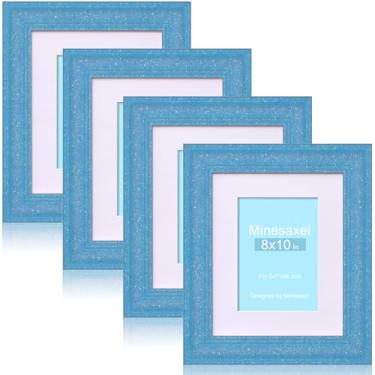 Imagem de Minesaxel Moldura azul com glitter 20 x 25 cm para 13 x 17 cm com tapete, molduras brilhantes de vidro real HD, colorido, fofo, divertido ou exclusivo, moldura de arte 20 por 25 cm para mesa ou parede