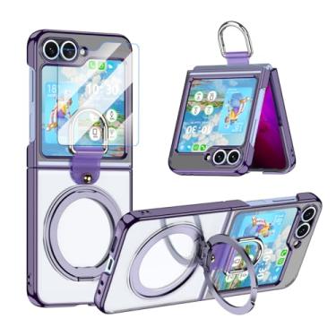 Imagem de Z Flip 6/5 Capa transparente com protetor de tela com suporte Ring 360 Proteção de dobradiça para Samsung Flip 6 Capa protetora para Galaxy Z Flip 5 5G (2023) - Roxo