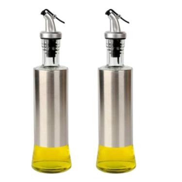 Imagem de Kit 2 Galheteiro para Azeite e Vinagre 300ml, Vidro e Aço Inox com Dosador, 25cm Altura, Sistema Antivazamento