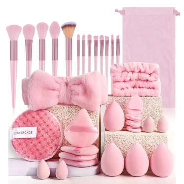 Imagem de Conjunto de pincéis de maquiagem e esponja de maquiagem (rosa) – 34 peças, 13 pincéis, 4 esponjas, 4 mini esponjas, 4 puffs de pó triangular, 4 puffs de dedo, 1 esponja de limpeza, 1 faixa de cabeça