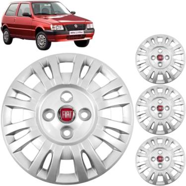Imagem de Jogo 4 Calotas Aro 13 Fiat Uno e Fiorino 1985 a 2008 Com Adesivo Logo Vermelho Resinado Grid 054CB
