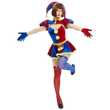 Imagem de Mobbunny Fantasia feminina de palhaço cosplay circo palhaço body azul vermelho e minissaia com luvas e chapéu