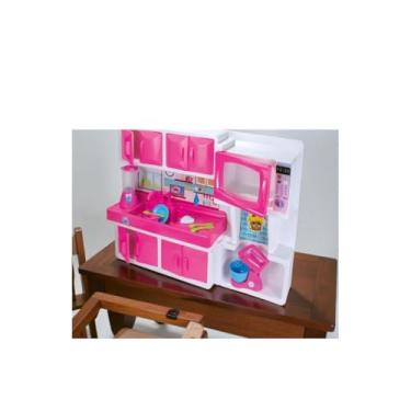 Imagem de Cozinha Doce Encantada Brinquedo Infantil, Rosa com Branca, Plástico, 64x15x83cm, com Micro-ondas, Pia, Liquidificador, Batedeira, a partir de 3 Anos