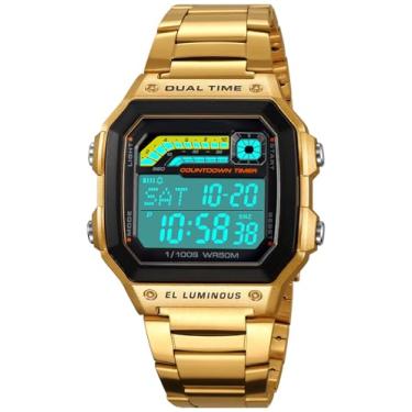 Imagem de PASOY Relógio digital masculino dourado masculino de aço inoxidável, alarme, cronômetro, contagem regressiva, esporte ao ar livre, impermeável, 2 fusos horários, Dourado, Tendência