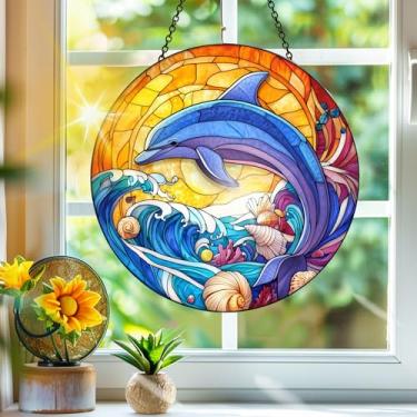 Imagem de Acrílico colorido, apanhador de sol, decoração de janela suspensa de golfinho, arte de parede de arco-íris, para varanda, interior e exterior, jardim, enfeites de Natal, decoração 19 x 19 cm, CH#41