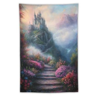 Imagem de Tapeçaria de parede para escada, castelo de montanha mágica, fantasia, penhasco, vale, paisagem, arte, para sala de estar, quarto, dormitório, apartamento, Fairycore, boho, aventura, decoração