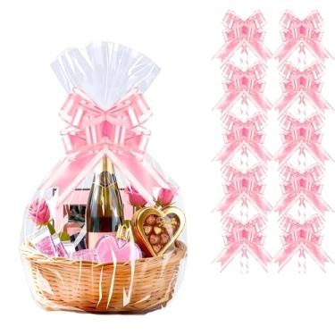 Imagem de PigPotParty Pacote com 10 sacos de celofane com 10 laços, embalagem de celofane de 40,6 cm x 61 cm para cestas de presente, sacos de presente de plástico transparente resistente a rasgos para chá de