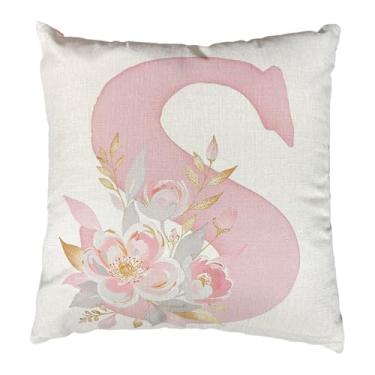 Imagem de Capas de almofada rosa do alfabeto, capas de almofada com monograma floral rosa, 45,7 x 45,7 cm, lindas capas de almofada decorativas com letras quadradas do alfabeto para sofá, quarto, carro, cadeira