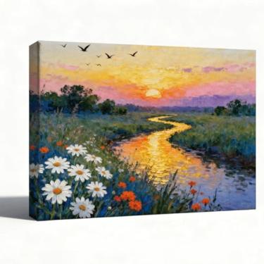 Imagem de Arte de parede de paisagem de estilo impressionista, pintura a óleo de campo de papoula vermelha, arte em tela de prado de flores silvestres para sala de estar, sala de jantar, decoração de parede, 20