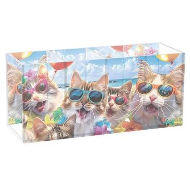 Imagem de TSENQUE Porta-canetas de acrílico para mesa, gatos, sorrindo, praia, engraçado, artesanato, porta-lápis, organizador de canetas