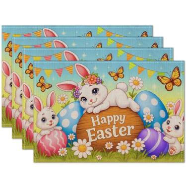Imagem de HOMETITUTE Jogo americano Happy Easter Conjunto de 4 tapetes de mesa de 30,5 x 45,7 cm, cesta de ovo de coelho, para jantar, roupa de cama, decoração de cozinha de fazenda, tapete de mesa para uso ao