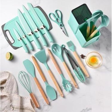 Imagem de Kit Completo Jogo de Cozinha Luxo 19 Peças Com Tábua em Silicone Espátula Faca Tesoura Utensílios (Tiffany)