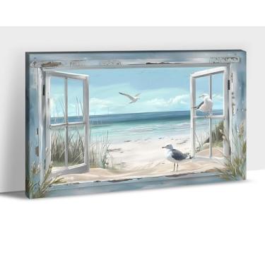 Imagem de Arte de parede em tela de praia, oceano com imagens de janela de praia 3D, arte de impressão em tela de paisagem marítima de pássaro costeiro, natureza pintura de paisagem costeira para sala de estar