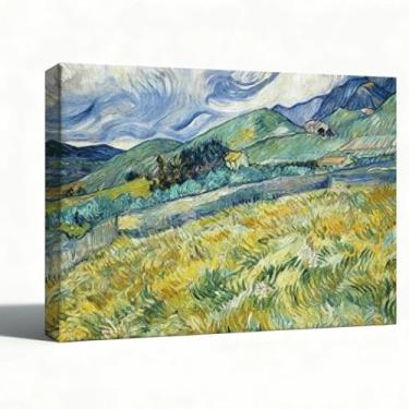 Imagem de Arte de parede em tela de paisagem campestre inspirada em Van Gogh, impressão de pintura a óleo Rolling Hills, campo amarelo, céu azul, decoração de parede para sala de estar, escritório, quarto, 20 x