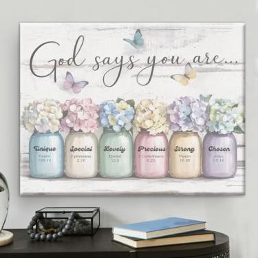 Imagem de Arte de parede cristã inspiradora versículo bíblico Deus diz que você é pôster impresso em tela flores emolduradas em frasco de pedreiro imagens pintura para casa mulheres quarto banheiro decoração de