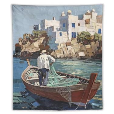 Imagem de Tapeçaria de barco pescador, pedra branca, rede de pesca de aldeia costeira, cena de captura, paisagem vibrante, decoração de parede, para sala de estar, quarto, casa, decoração cênica, peça