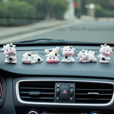 Imagem de LIQWEI 6 peças de acessórios de carro mini vacas, enfeites de painel de carro de vaca fofos, decorações de painel de impressão de vaca e ornamentos de espelho retrovisor, decoração de carros fofos