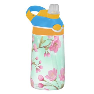 Imagem de Garrafa de água infantil rosa pastel flor de cerejeira para escola, 473 ml Tritan 473 ml garrafa de água esportiva com canudo, copo reutilizável para crianças, portátil, alça de transporte