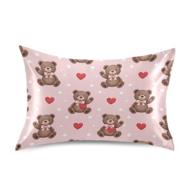Imagem de Wassud Fronhas de cetim para cabelo e pele com corações de ursos marrons corações dia dos namorados capas de almofada de seda lisa tamanho padrão respiráveis com fecho de envelope