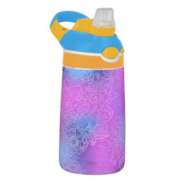 Imagem de Garrafa de água infantil de 473 ml com tampa de palha, garrafa de água esportiva Tritan de 473 ml, copo infantil portátil reutilizável, alça de transporte, brilho floral azul roxo