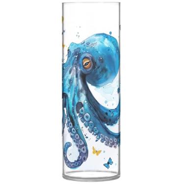 Imagem de Vaso de flor cilíndrico animal polvo azul decorativo vaso de flor alto plástico personalizado floral moderno decorações, 30 cm x 9,9 cm