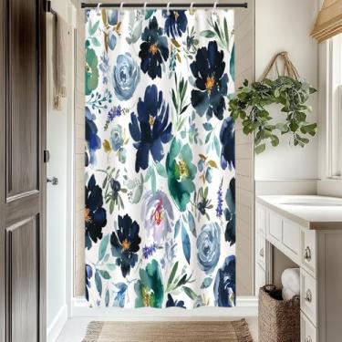 Imagem de Boho Cortina de Chuveiro Floral Flores Azul Escuro Conjunto de Decoração de Banheiro Colorido Rústico Farmhouse Cortina de Banheira Abstrata Plantas Flores Cortinas de Banho Lavável Tecido de