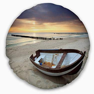 Imagem de Design Boat on Beautiful Sunrise Litorâneo Sala de estar redonda, sofá, almofada de alta qualidade + capa de almofada impressa em ambos os lados 40 cm