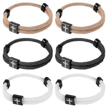 Imagem de 6 pulseiras trançadas com cruz, pulseiras de corda de Jesus, contas de obsidiana com contas, joias religiosas, presentes de primeira comunhão para homens e mulheres cristãs