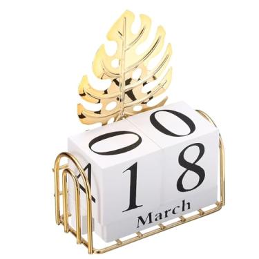 Imagem de PATIKIL Calendário de blocos perpétuos de madeira, exibição diária decorativa dourada com blocos móveis, decoração moderna de mesa de café para festas, feriados, casamento, folha de monstera