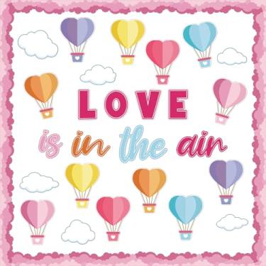 Imagem de Conjunto de decorações de quadro de avisos de dia dos namorados, balões de ar quente, recortes de papel para escola, casa, sala de aula, decoração de porta de parede, Love is in the Air