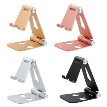 Imagem de Suporte de celular dobrável duplo, totalmente de alumínio, ajustável, dobrável, suporte para celular, base para mesa, prata