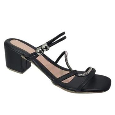 Imagem de Sandália Feminina Rasteirinha Tiras Rasteira Fina Salto Grosso Strass Pedraria Elegante-Feminino