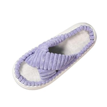 Imagem de Chinelos femininos de inverno com alças peludas, casuais, para uso doméstico, plano e externo, faixa cruzada de pelúcia macia, faixa de tamanhos de superfície disponível, Roxa, 36